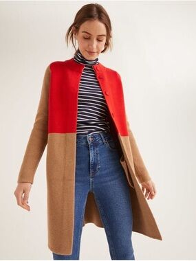 Boden Red and Camel  Colorblock Long Woolblend Coatigan